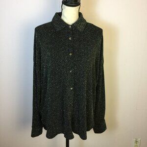 New! MNG Mango Shirt Blouse L Black Shimmer Stretch Knit Button Up Party Disco